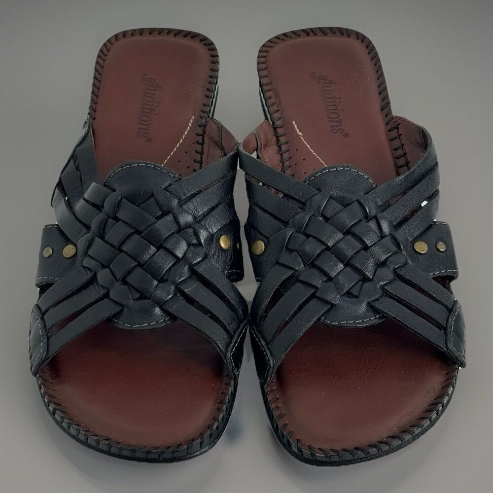 Auditions Black Leather Woven Strappy Cushioned Comfort Slip On Sandals Sz 9S - Picture 2 of 8